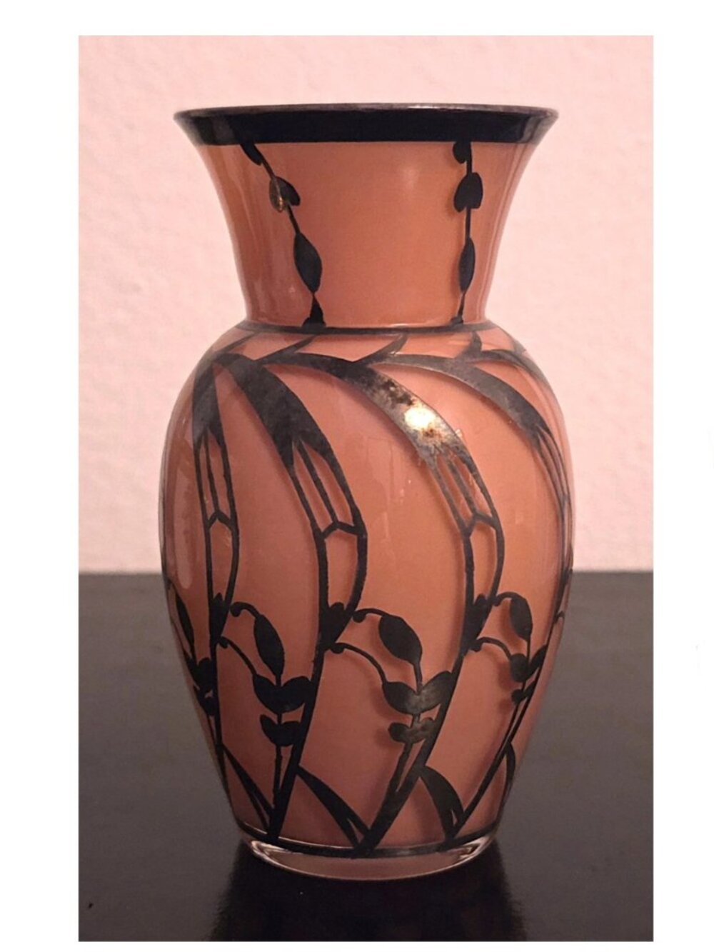 Vase; vintage Art Nouveau salmon pink glass; silver overlay design; 4.5" tall